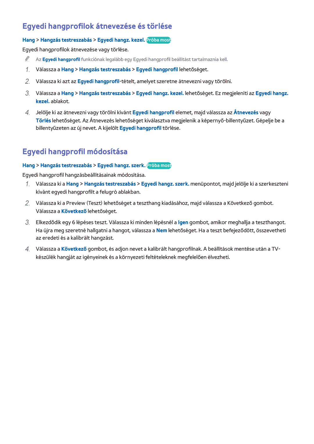 Samsung UE55H8000SLXXC, UE48H8090SVXZG manual Egyedi hangprofilok átnevezése és törlése, Egyedi hangprofil módosítása 