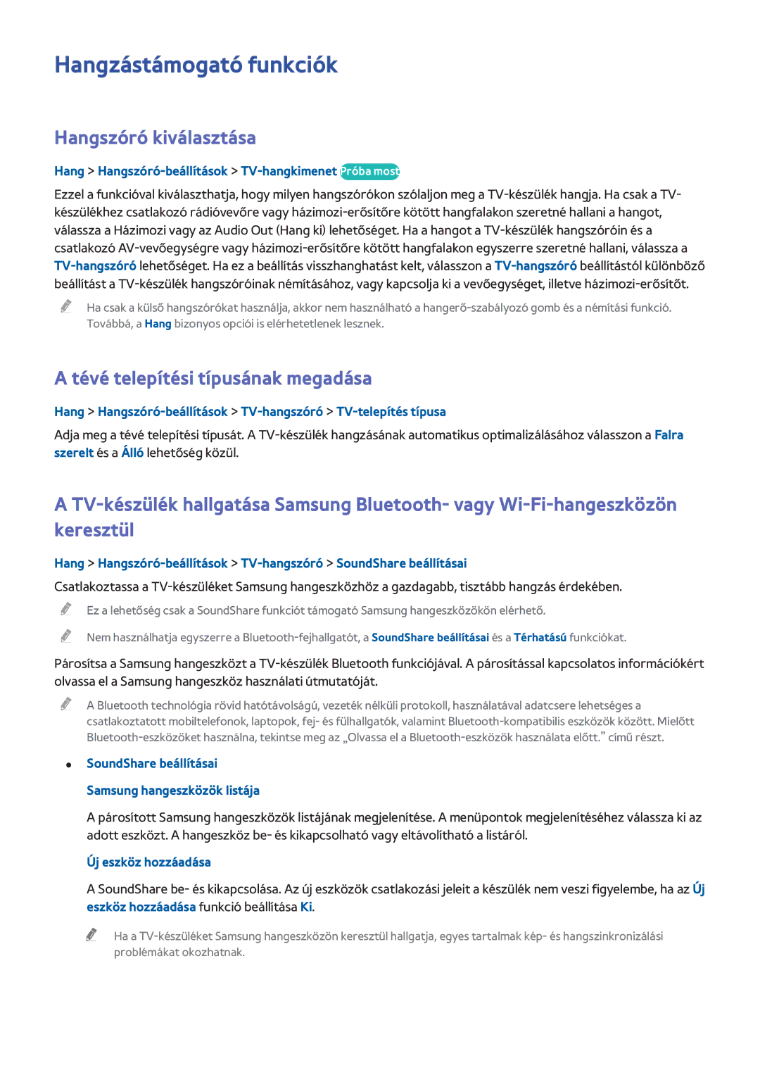 Samsung UE48H8000STXXH manual Hangzástámogató funkciók, Hangszóró kiválasztása, Tévé telepítési típusának megadása 