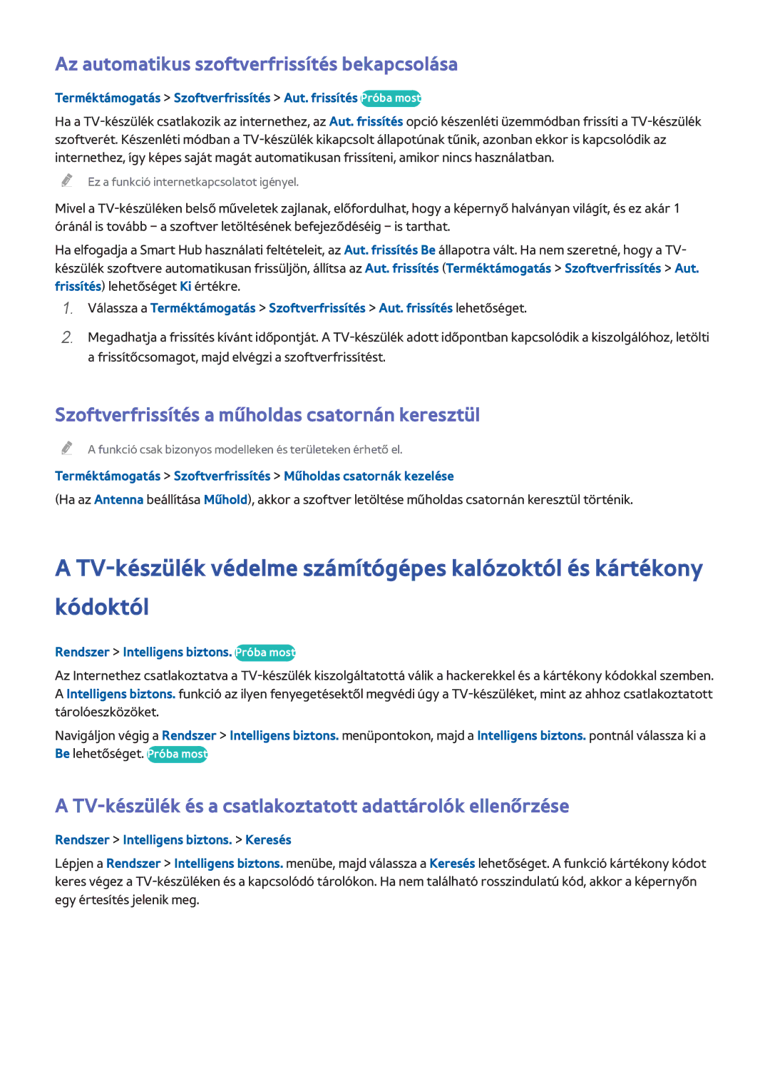 Samsung UE65H8000SLXXH Az automatikus szoftverfrissítés bekapcsolása, Szoftverfrissítés a műholdas csatornán keresztül 