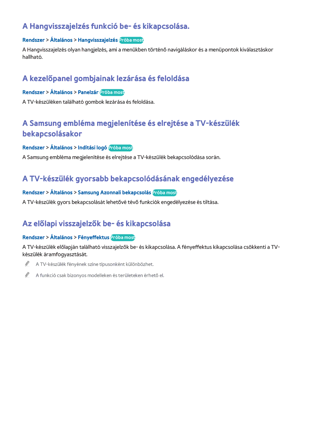 Samsung UE48H8000SLXZF manual Hangvisszajelzés funkció be- és kikapcsolása, Kezelőpanel gombjainak lezárása és feloldása 