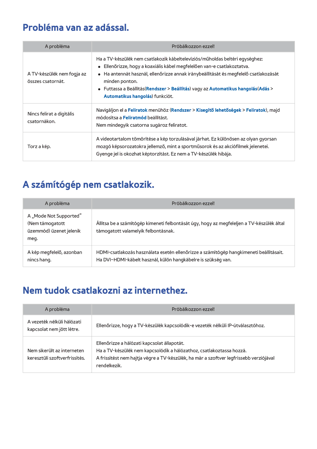 Samsung UE48H8080SQXZG manual Probléma van az adással, Számítógép nem csatlakozik, Nem tudok csatlakozni az internethez 