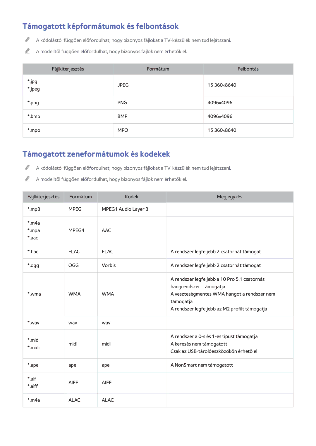 Samsung UE48H8000STXXH, UE48H8090SVXZG manual Támogatott képformátumok és felbontások, Támogatott zeneformátumok és kodekek 