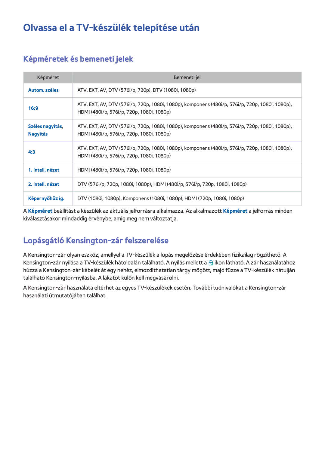 Samsung UE48H8005SQXXE, UE48H8090SVXZG manual Olvassa el a TV-készülék telepítése után, Képméretek és bemeneti jelek 