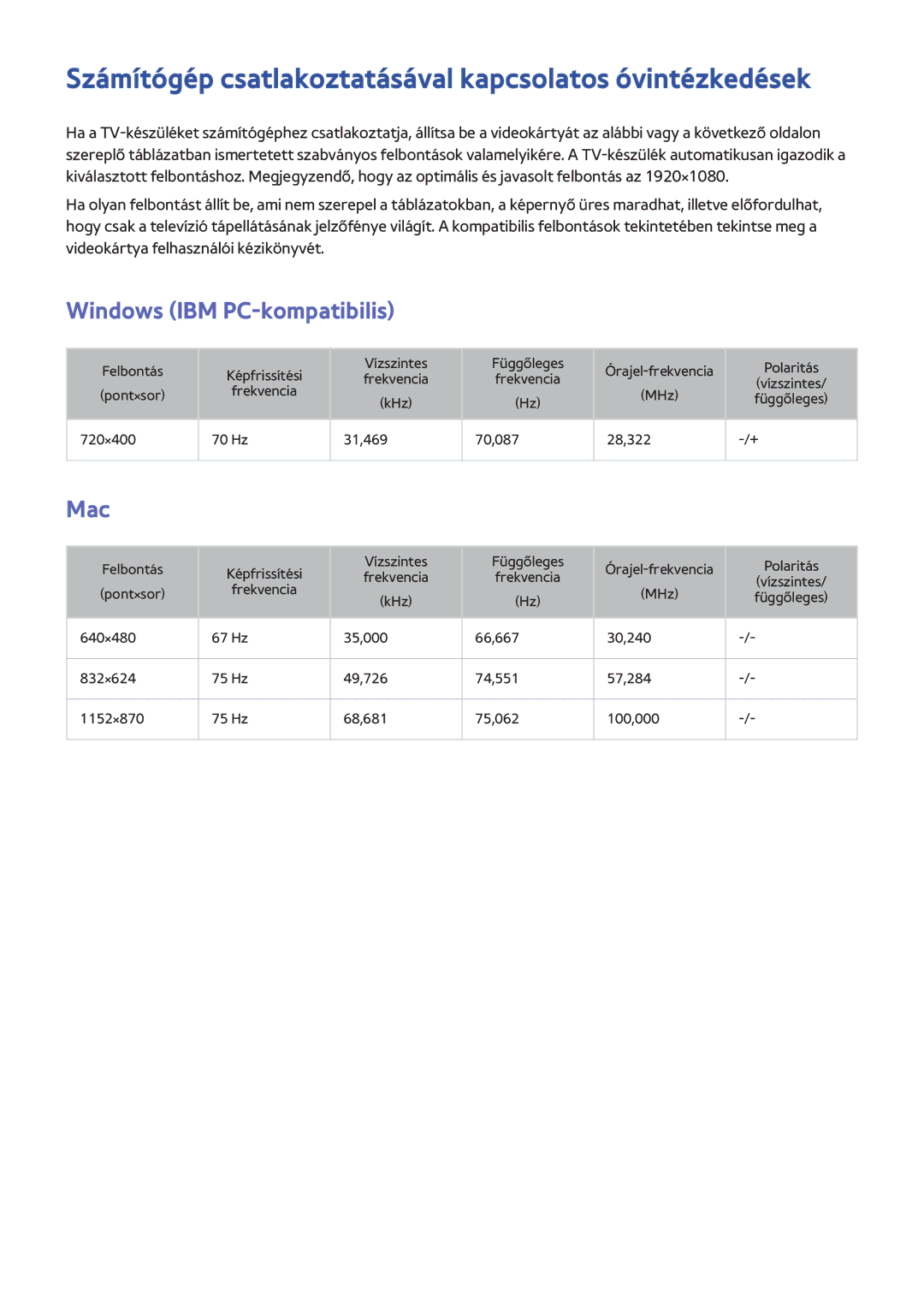 Samsung UE48H8080SQXZG manual Számítógép csatlakoztatásával kapcsolatos óvintézkedések, Windows IBM PC-kompatibilis, Mac 