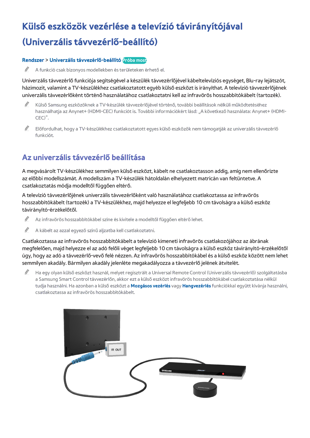 Samsung UE65H8000SLXXC manual Az univerzális távvezérlő beállítása, Rendszer Univerzális távvezérlő-beállító Próba most 