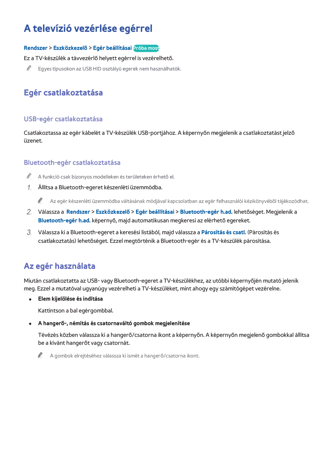 Samsung UE65H8000STXXU Televízió vezérlése egérrel, Egér csatlakoztatása, Az egér használata, USB-egér csatlakoztatása 