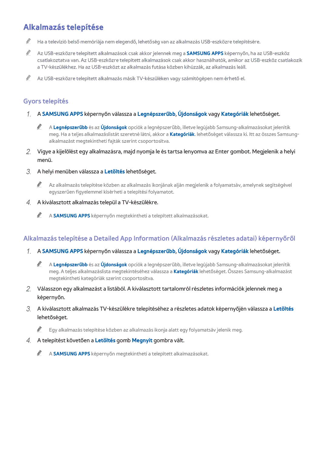 Samsung UE55H8000STXXH manual Alkalmazás telepítése, Gyors telepítés, Kiválasztott alkalmazás települ a TV-készülékre 