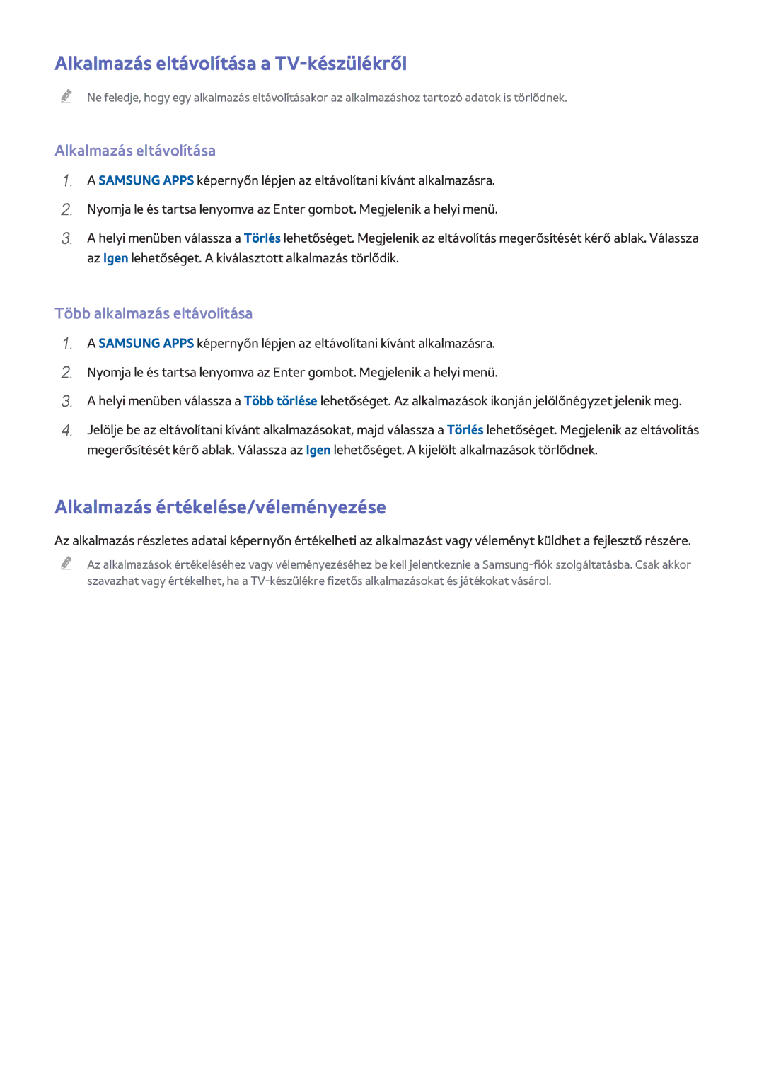 Samsung UE48H8080SQXZG, UE48H8090SVXZG manual Alkalmazás eltávolítása a TV-készülékről, Alkalmazás értékelése/véleményezése 