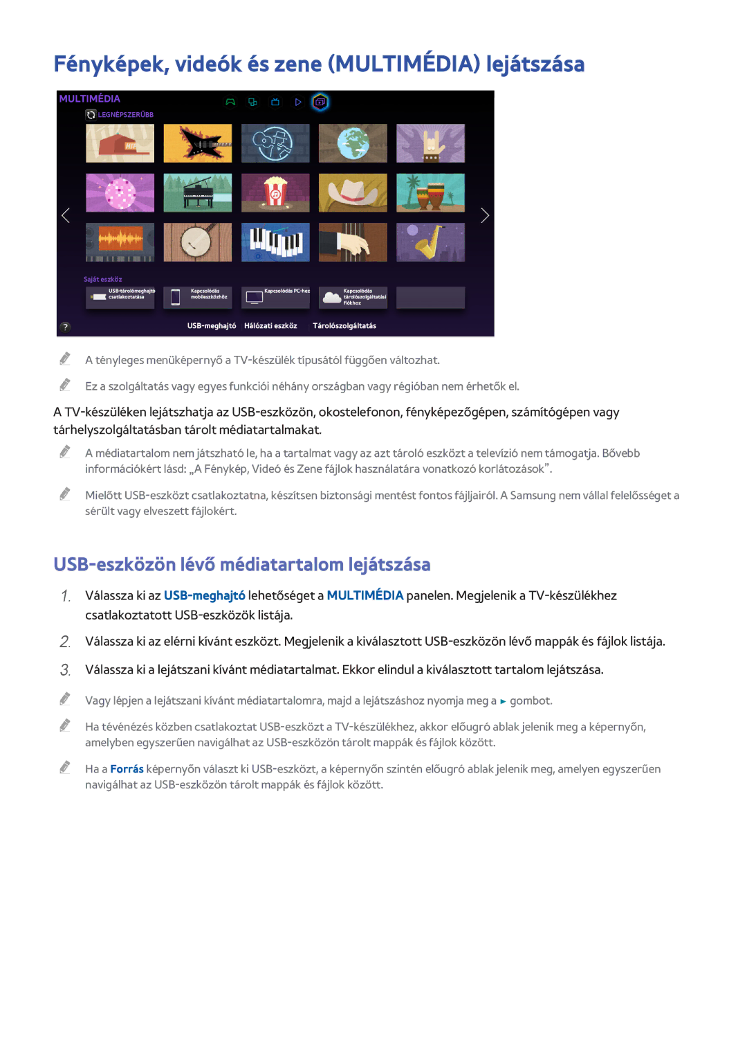 Samsung UE55H8000SLXXH manual Fényképek, videók és zene Multimédia lejátszása, USB-eszközön lévő médiatartalom lejátszása 