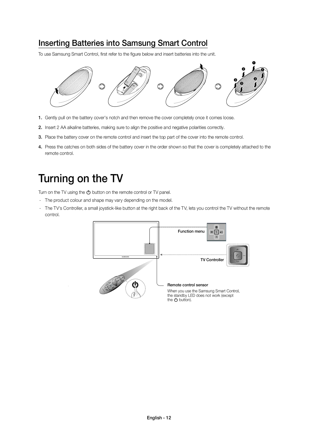 Samsung UE48H8090SVXZG, UE65H8090SVXZG, UE55H8090SVXZG Turning on the TV, Inserting Batteries into Samsung Smart Control 