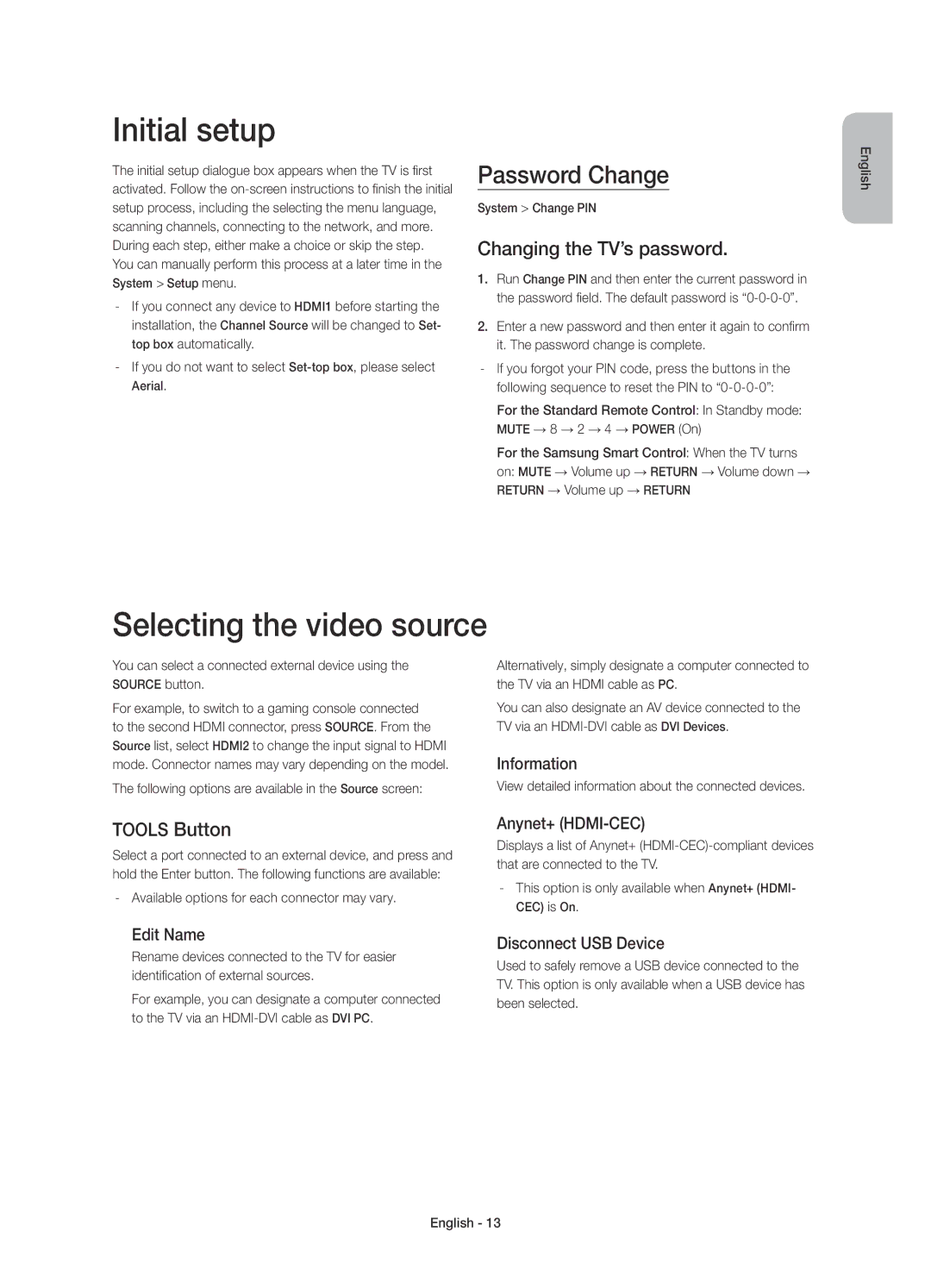 Samsung UE65H8090SVXZG manual Initial setup, Selecting the video source, Password Change, Changing the TV’s password 