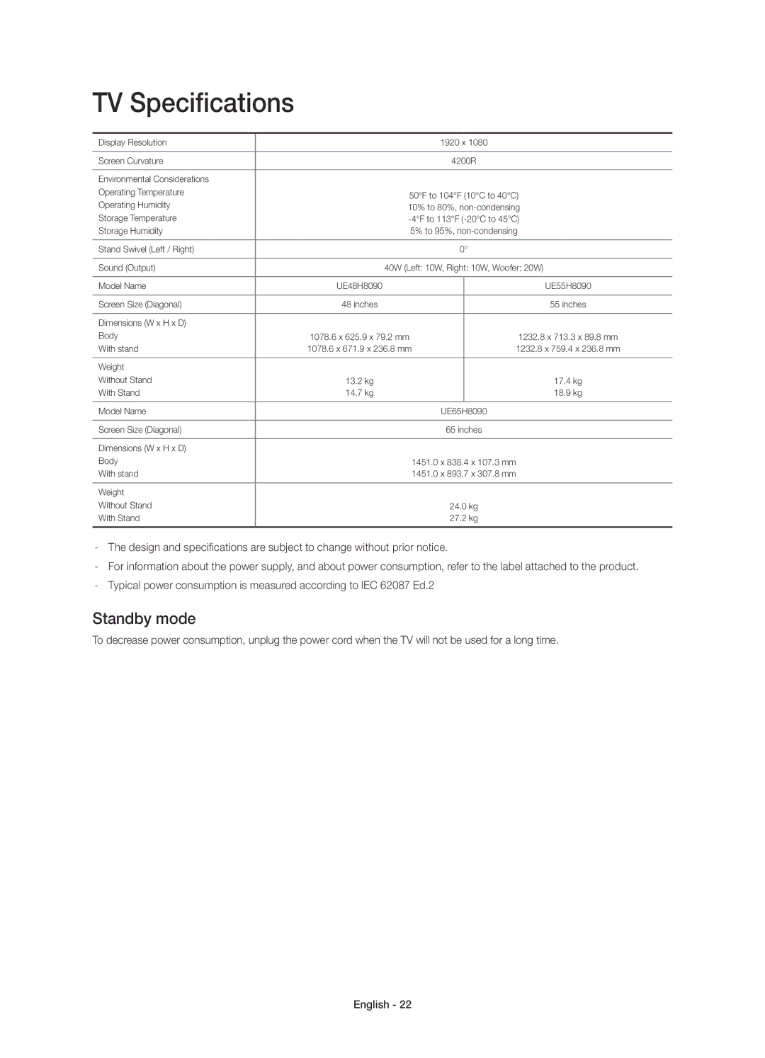 Samsung UE65H8090SVXZG, UE48H8090SVXZG, UE55H8090SVXZG manual TV Specifications, Standby mode 