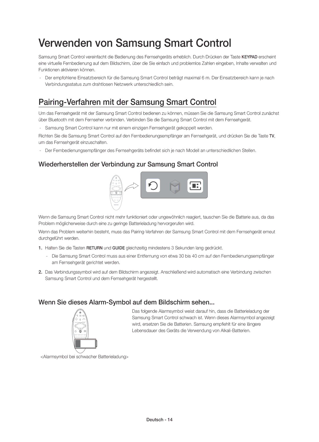 Samsung UE48H8090SVXZG manual Verwenden von Samsung Smart Control, Pairing-Verfahren mit der Samsung Smart Control 