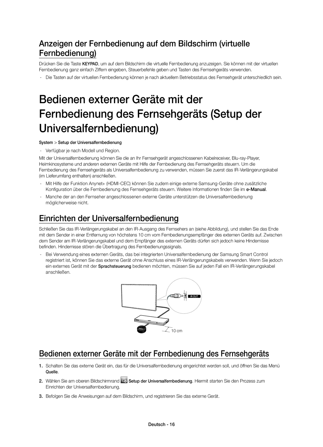 Samsung UE55H8090SVXZG, UE48H8090SVXZG, UE65H8090SVXZG manual Einrichten der Universalfernbedienung 