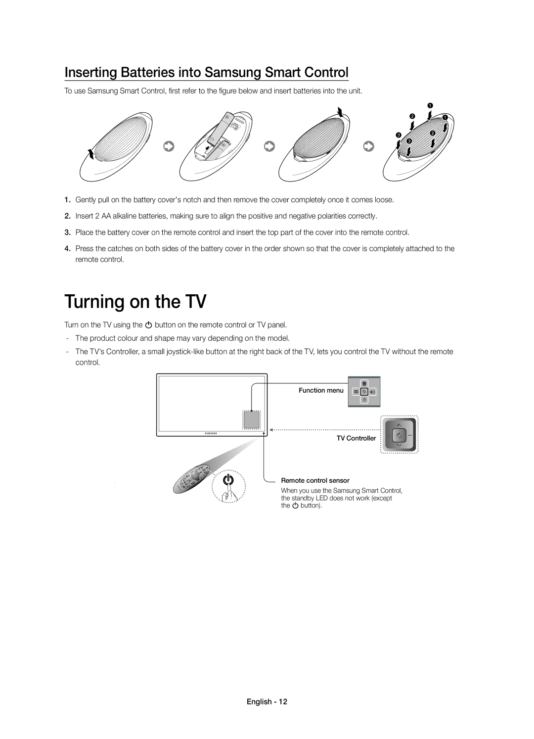 Samsung UE48HU7500ZXZT, UE65HU7500ZXZT, UE75HU7500ZXZT Turning on the TV, Inserting Batteries into Samsung Smart Control 