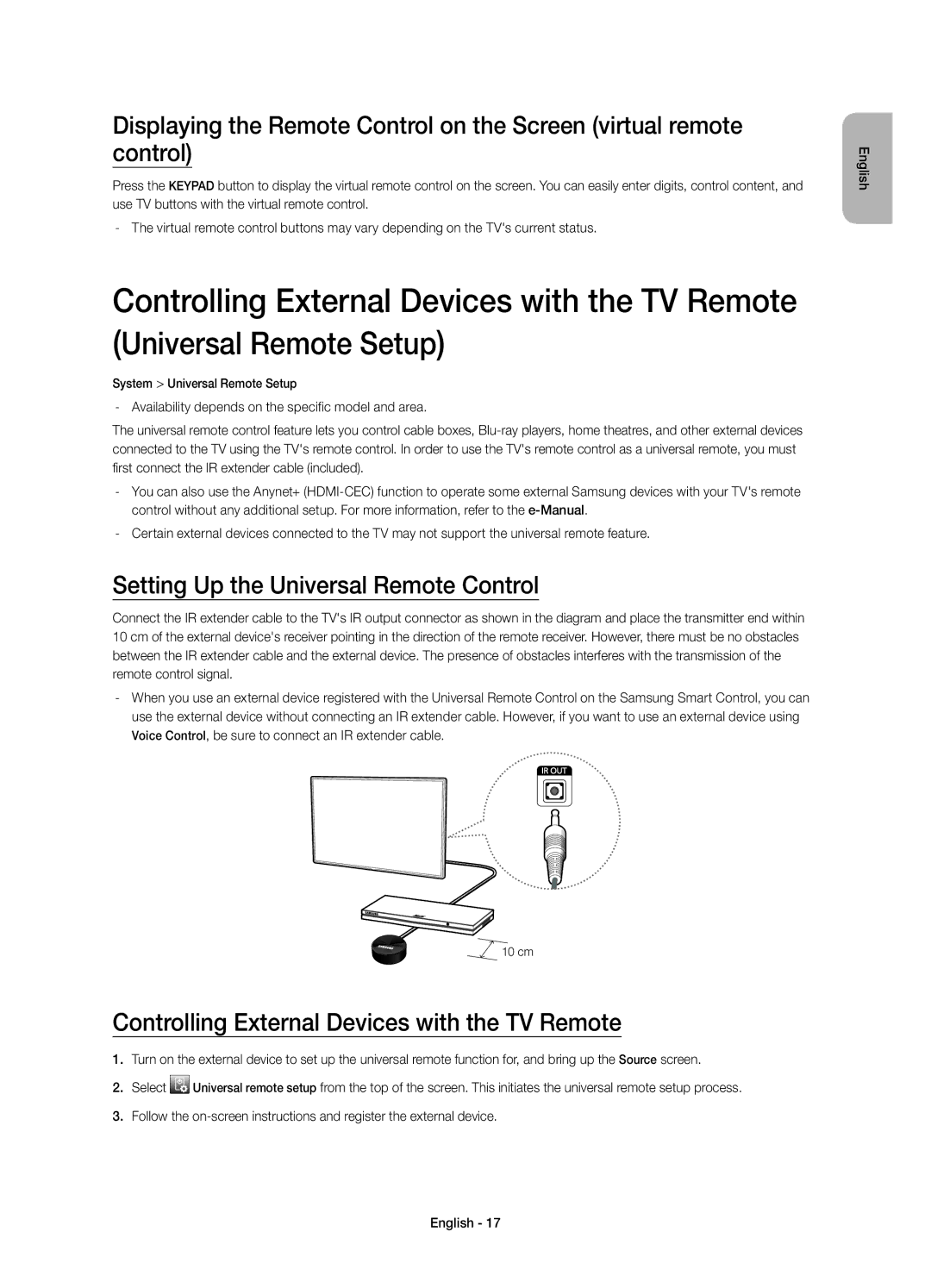 Samsung UE65HU7500ZXZT manual Setting Up the Universal Remote Control, Controlling External Devices with the TV Remote 