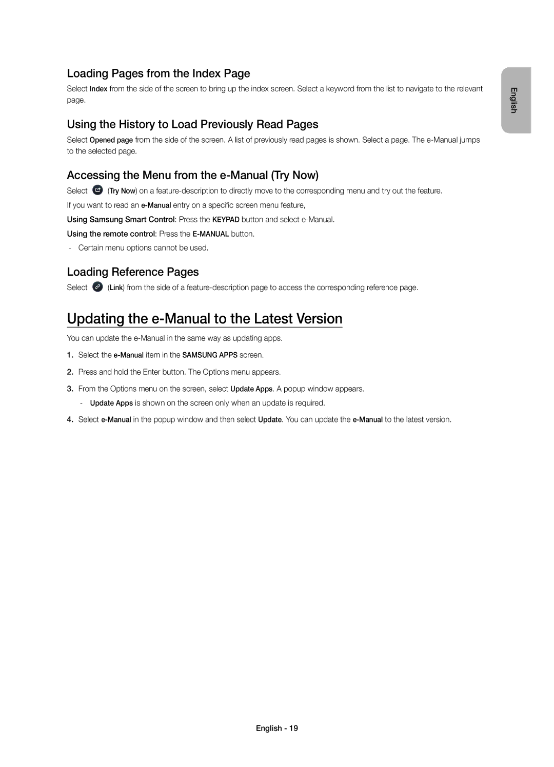 Samsung UE55HU7500ZXZT Updating the e-Manual to the Latest Version, Loading Pages from the Index, Loading Reference Pages 