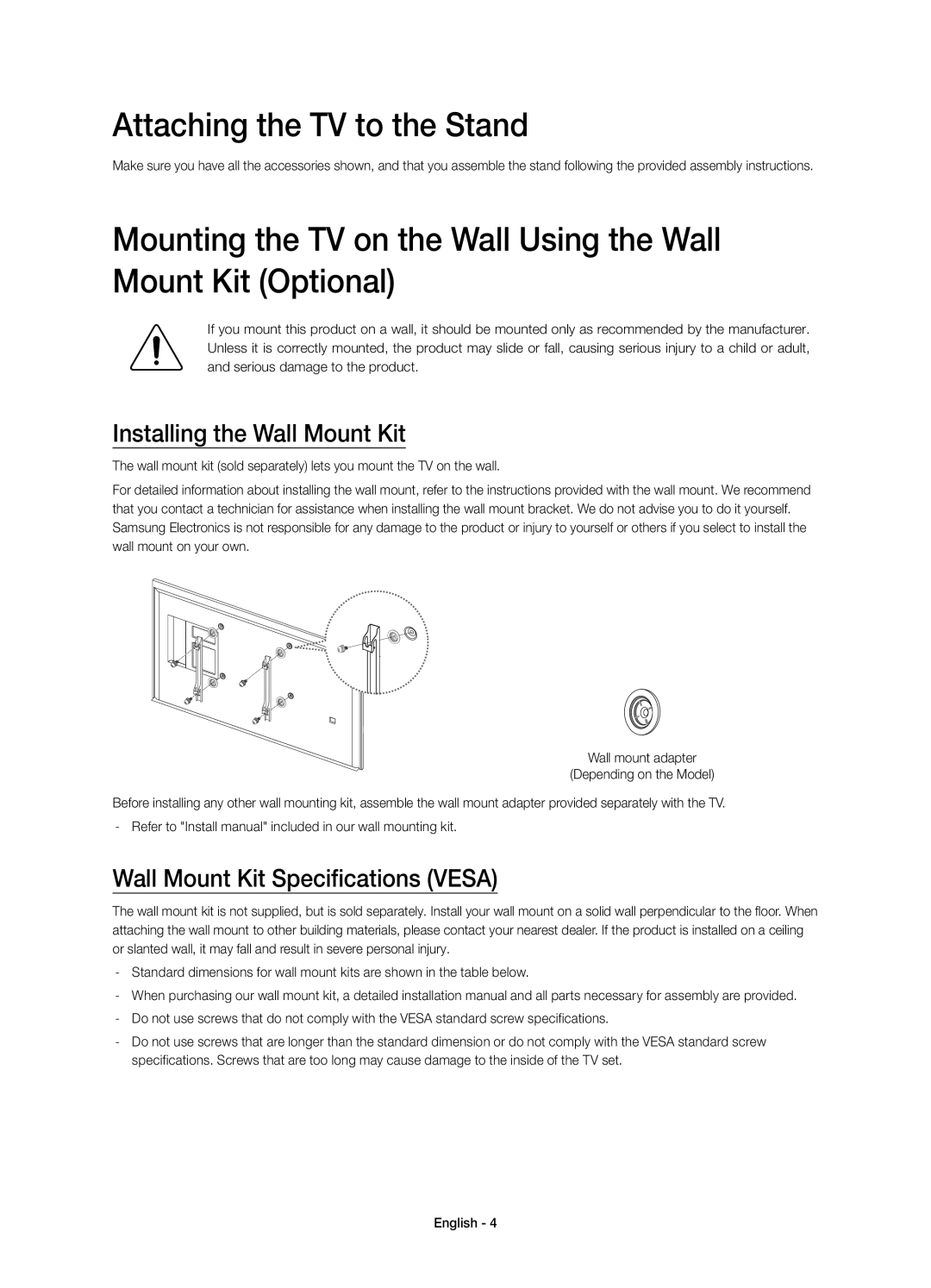 Samsung UE48HU7500ZXZT Attaching the TV to the Stand, Installing the Wall Mount Kit, Wall Mount Kit Specifications Vesa 