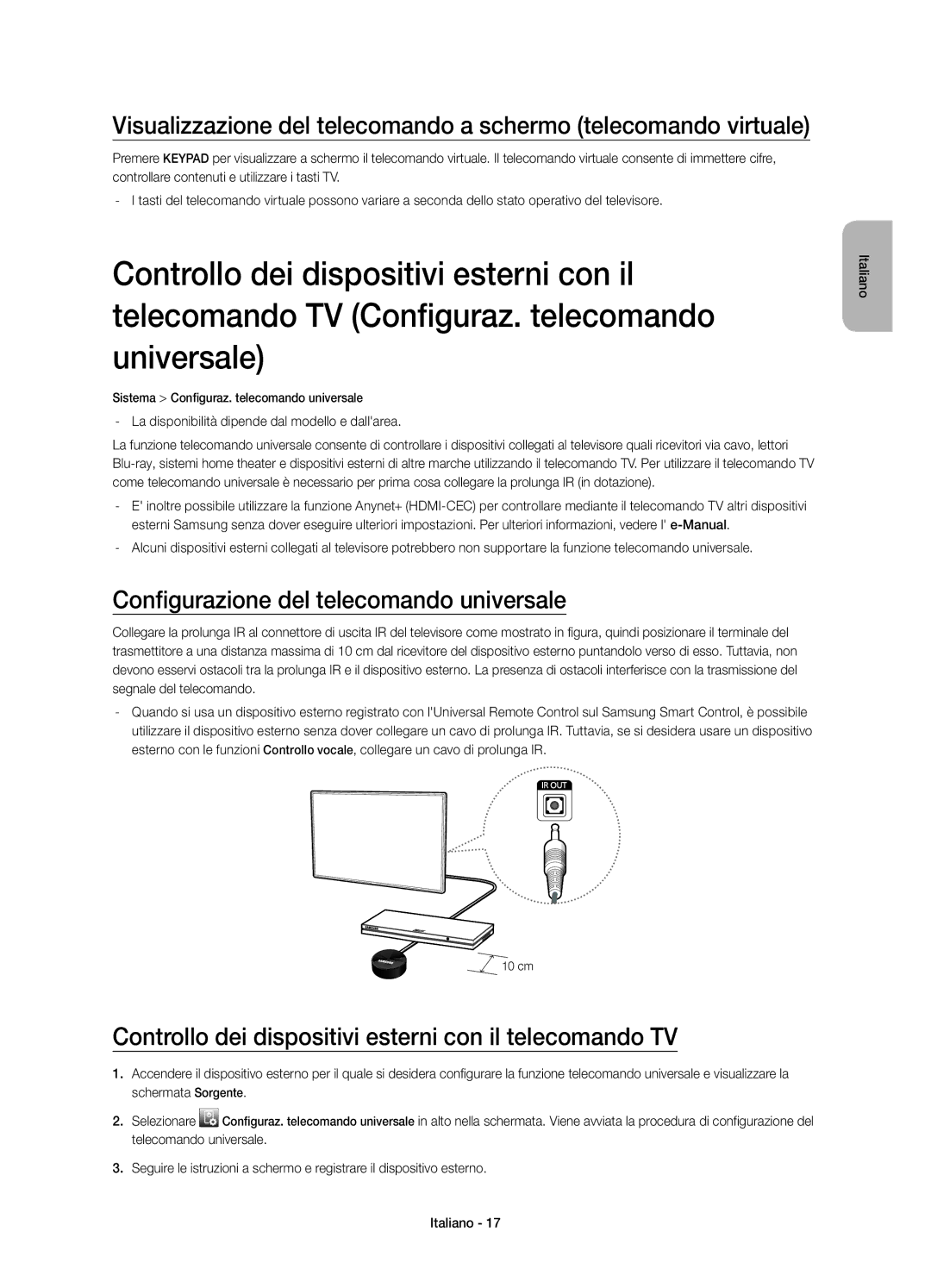 Samsung UE65HU7500ZXZT Configurazione del telecomando universale, Controllo dei dispositivi esterni con il telecomando TV 