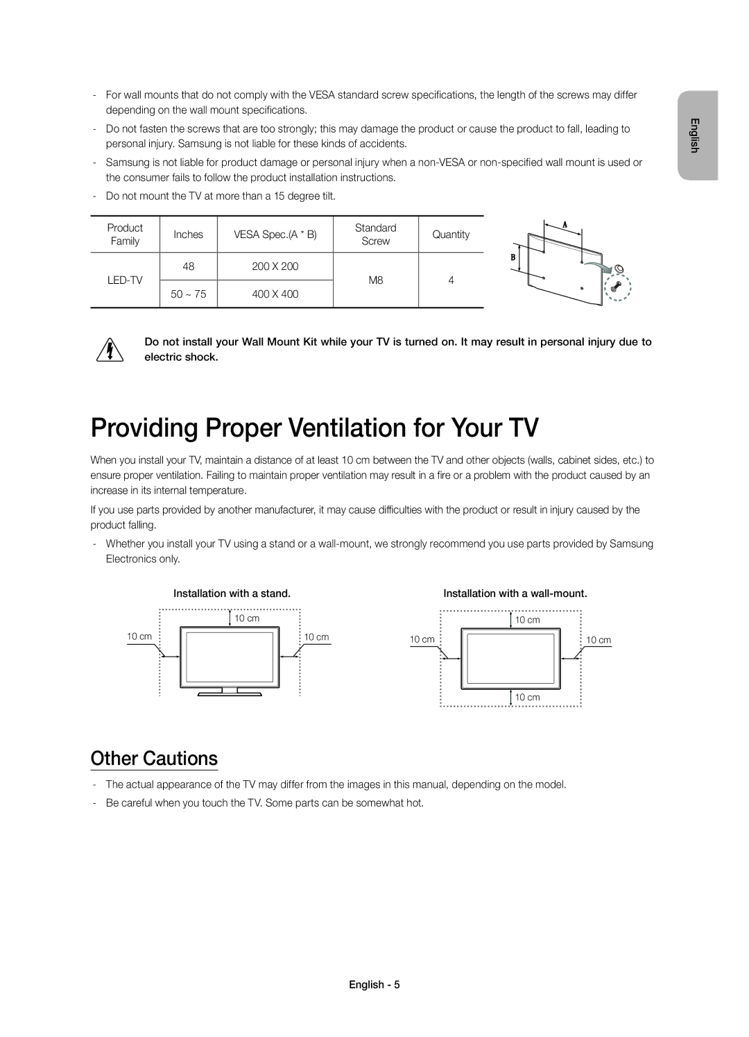 Samsung UE65HU7500ZXZT, UE48HU7500ZXZT, UE75HU7500ZXZT manual Providing Proper Ventilation for Your TV, Other Cautions, 50 ~ 