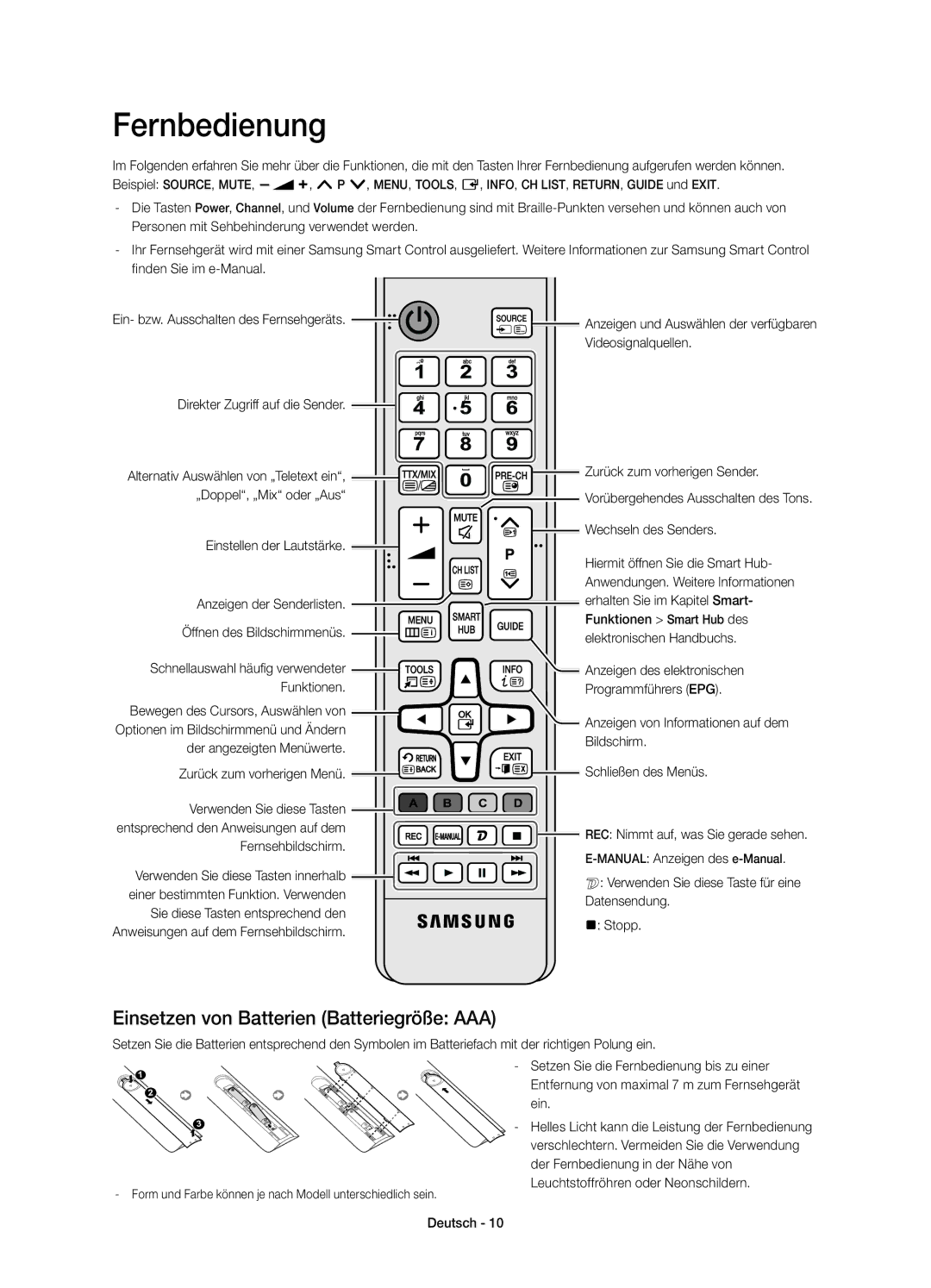 Samsung UE75HU7500ZXZT, UE48HU7500ZXZT, UE65HU7500ZXZT manual Fernbedienung, Einsetzen von Batterien Batteriegröße AAA 