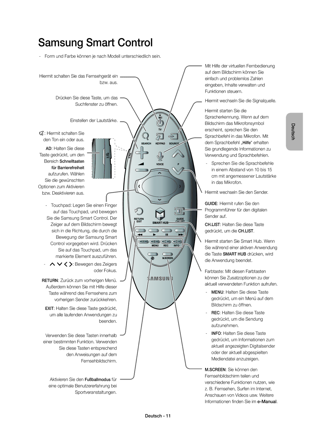 Samsung UE55HU7500ZXZT manual Form und Farbe können je nach Modell unterschiedlich sein, ¡ £ Bewegen des Zeigers oder Fokus 