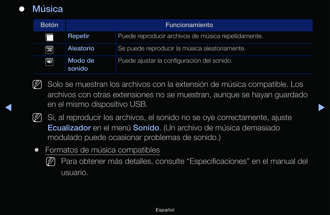 Samsung UE32J5100AWXXC, UE48J5100AWXXC, UE32J4100AWXXC, UE22K5000AWXXC, UE40J5100AWXXC manual Música 