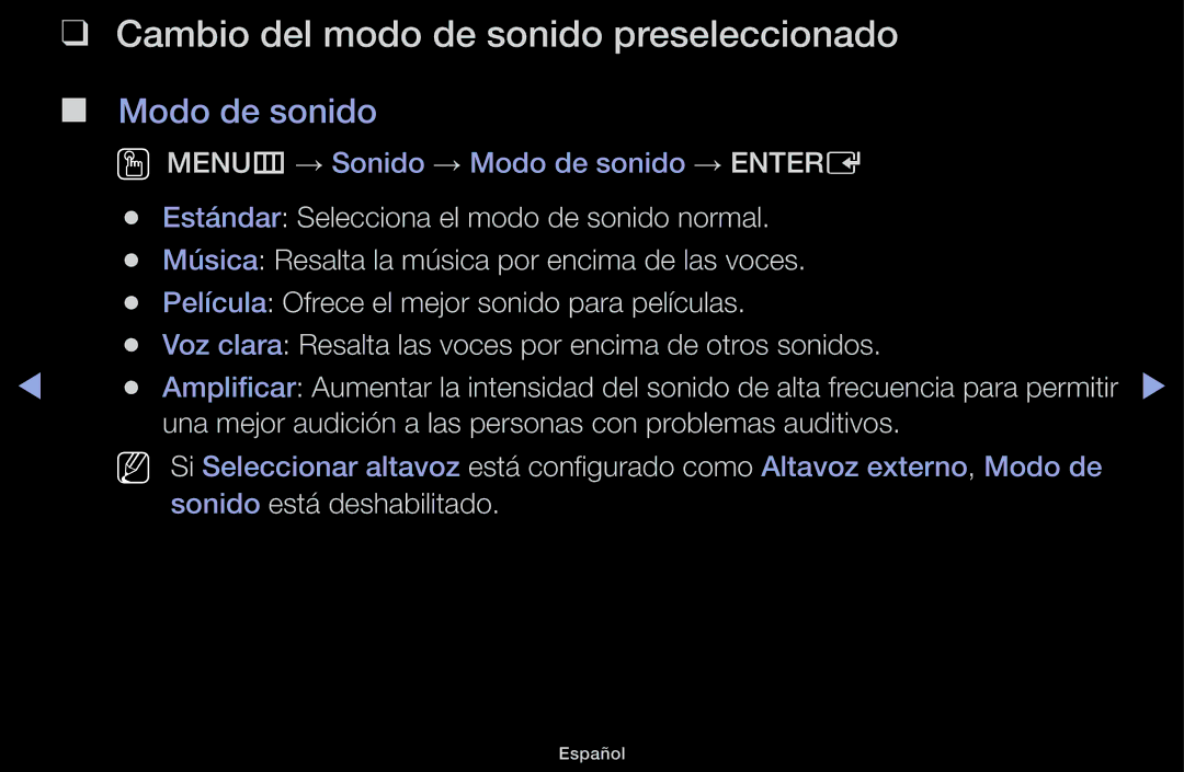 Samsung UE40J5100AWXXC, UE48J5100AWXXC, UE32J4100AWXXC manual Cambio del modo de sonido preseleccionado, Modo de sonido 