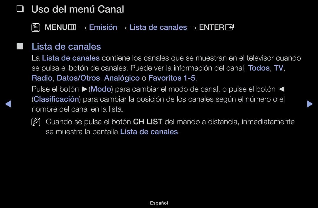 Samsung UE32J4100AWXXC, UE48J5100AWXXC, UE22K5000AWXXC, UE32J5100AWXXC, UE40J5100AWXXC Uso del menú Canal, Lista de canales 