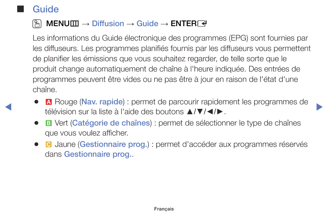 Samsung UE28J4100AWXZF, UE48J5100AWXZF, UE32J4100AWXZF OO MENUm → Diffusion → Guide → Entere, Dans Gestionnaire prog 