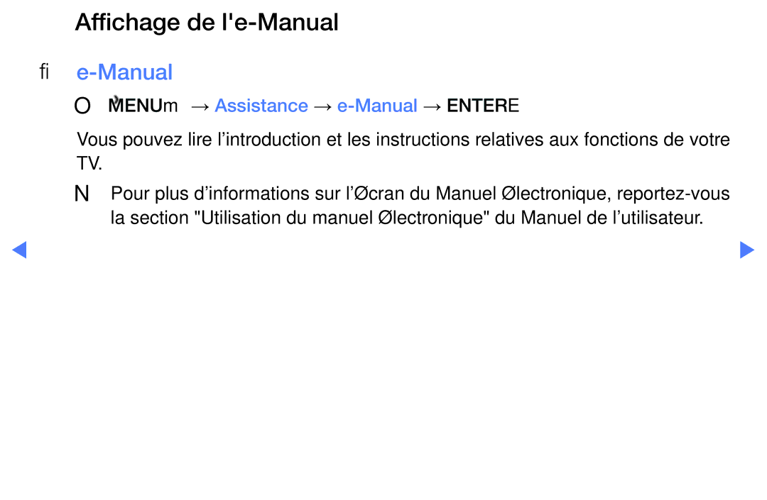 Samsung UE32J4000AWXZF, UE48J5100AWXZF, UE32J4100AWXZF Affichage de le-Manual, OO MENUm → Assistance → e-Manual → Entere 