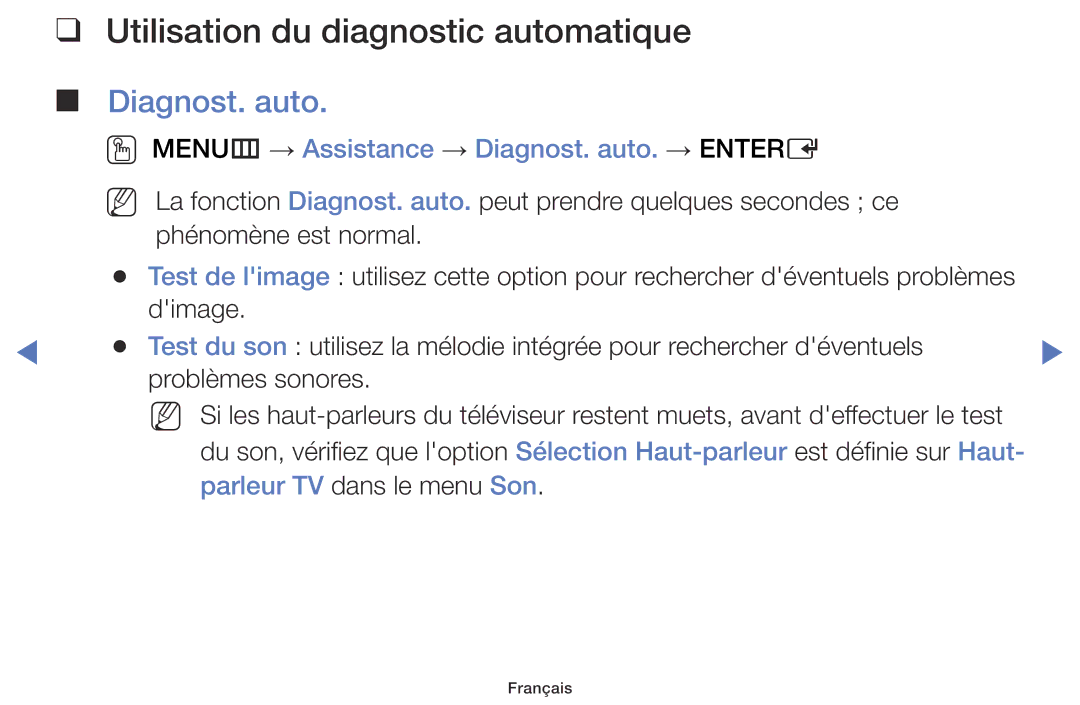 Samsung UE40J5100AWXZF, UE48J5100AWXZF Utilisation du diagnostic automatique, Diagnost. auto, Parleur TV dans le menu Son 