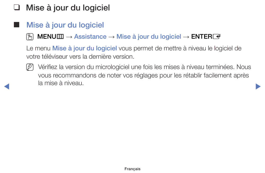 Samsung UE32J4100AWXZF, UE48J5100AWXZF, UE55J5100AWXZF manual OO MENUm → Assistance → Mise à jour du logiciel → Entere 