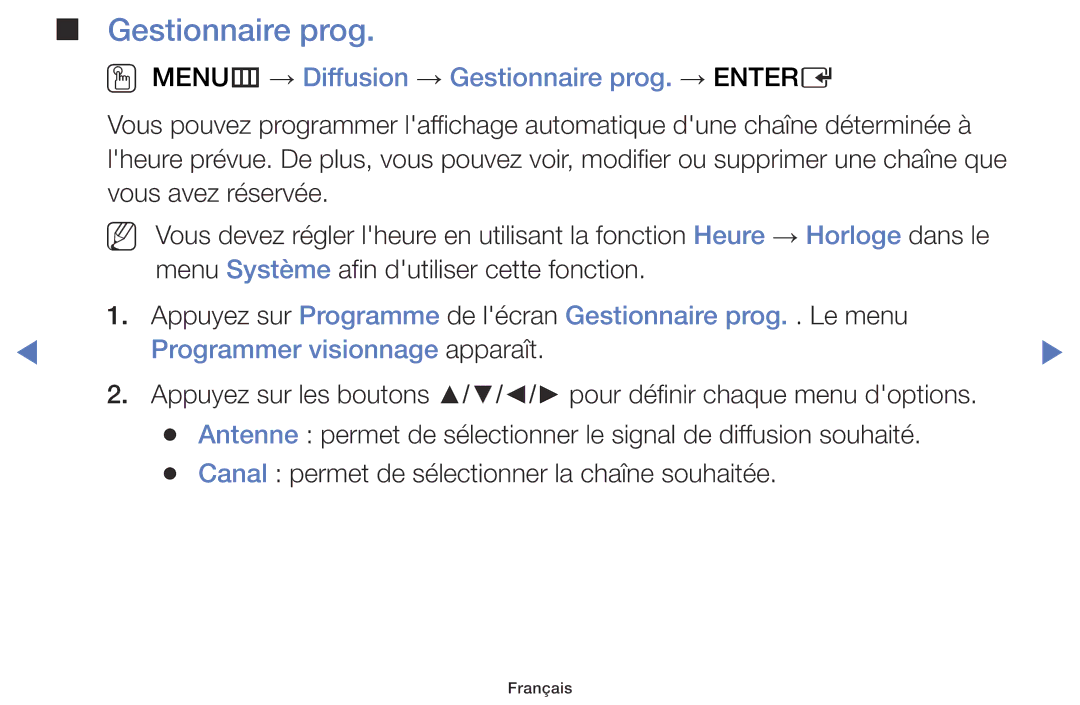 Samsung UE32J4000AWXZF manual OO MENUm → Diffusion → Gestionnaire prog. → Entere, Programmer visionnage apparaît 