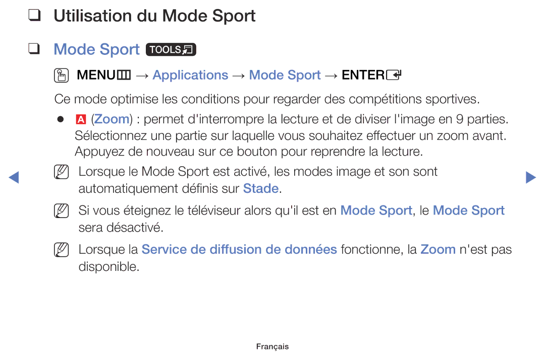 Samsung UE50J6100AWXZF manual Utilisation du Mode Sport, Mode Sport t, OO MENUm → Applications → Mode Sport → Entere 