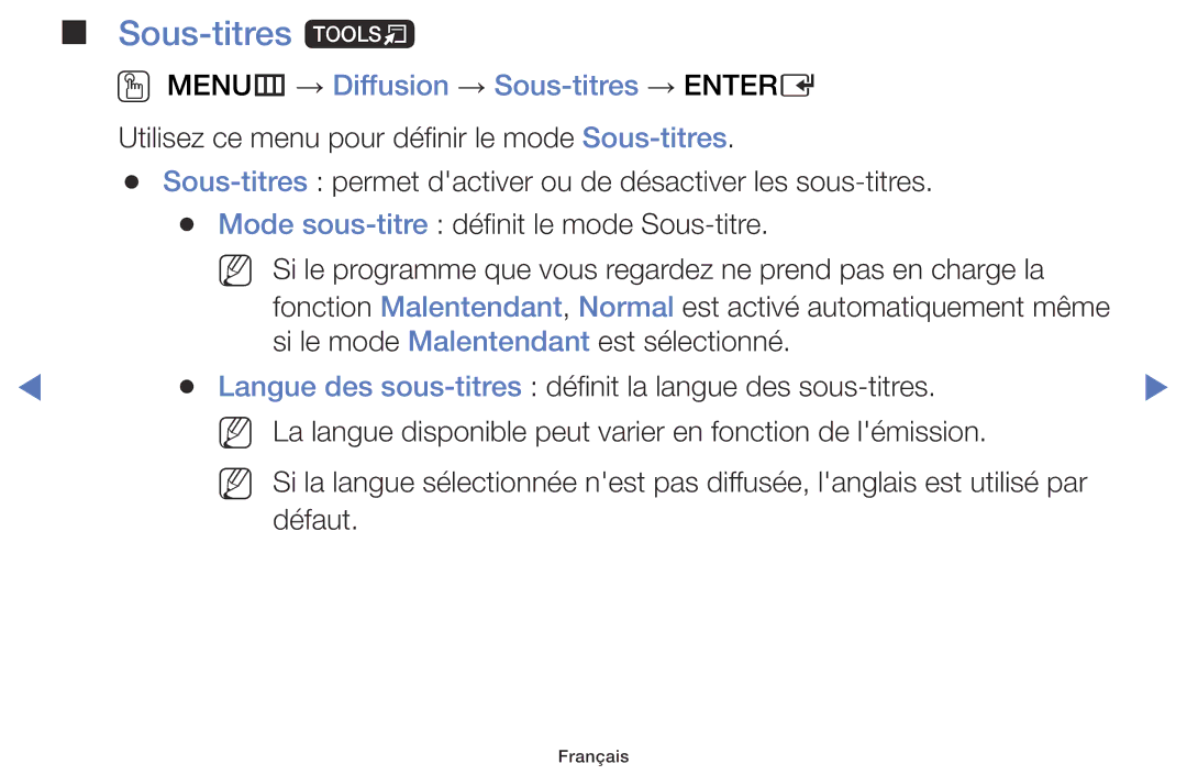 Samsung UE55J5100AWXZF, UE48J5100AWXZF, UE32J4100AWXZF manual Sous-titres t, OO MENUm → Diffusion → Sous-titres → Entere 