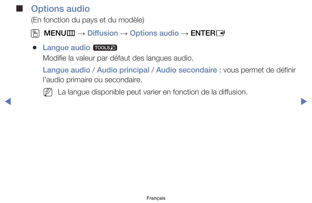 Samsung UE55J6100AWXZF, UE48J5100AWXZF, UE32J4100AWXZF OO MENUm → Diffusion → Options audio → Entere Langue audio t 