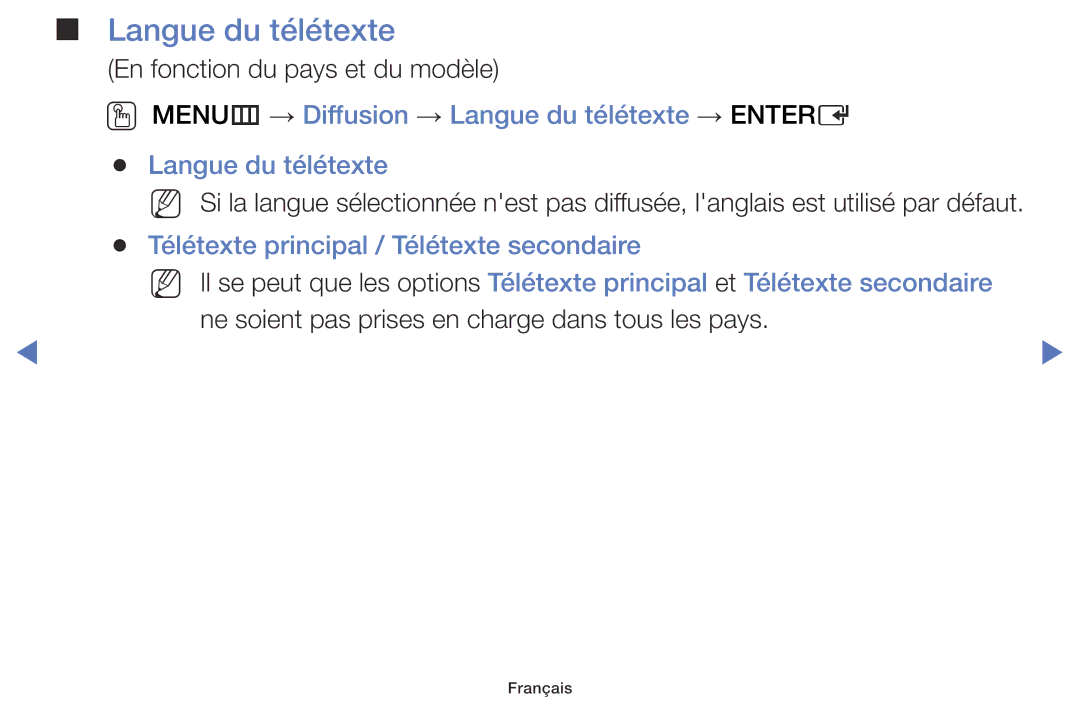 Samsung UE50J6100AWXZF OO MENUm → Diffusion → Langue du télétexte → Entere, Télétexte principal / Télétexte secondaire 