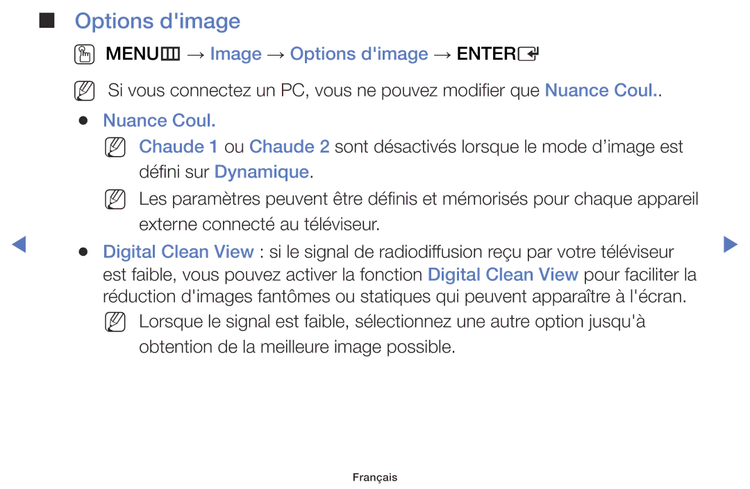 Samsung UE32J5100AWXZF, UE48J5100AWXZF, UE32J4100AWXZF manual OO MENUm → Image → Options dimage → Entere, Nuance Coul 