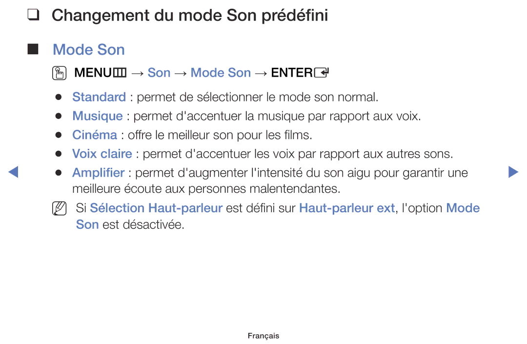 Samsung UE55J5100AWXZF, UE48J5100AWXZF, UE32J4100AWXZF, UE32J5000AWXZF manual Changement du mode Son prédéfini, Mode Son 