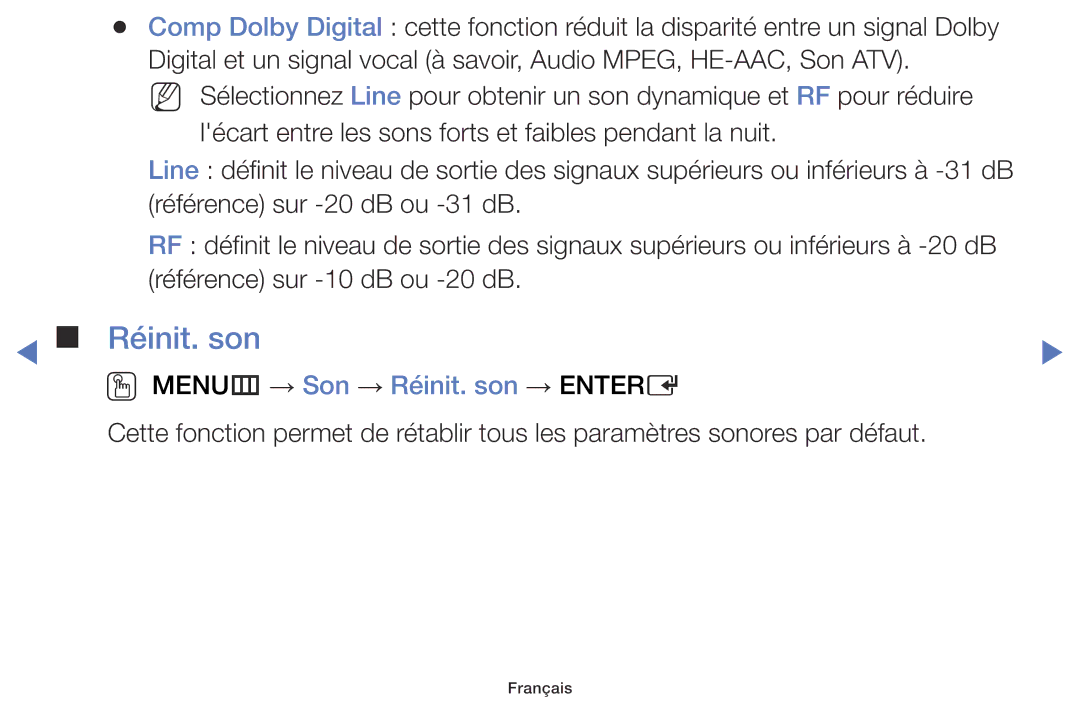 Samsung UE28J4100AWXZF, UE48J5100AWXZF, UE32J4100AWXZF, UE55J5100AWXZF manual OO MENUm → Son → Réinit. son → Entere 
