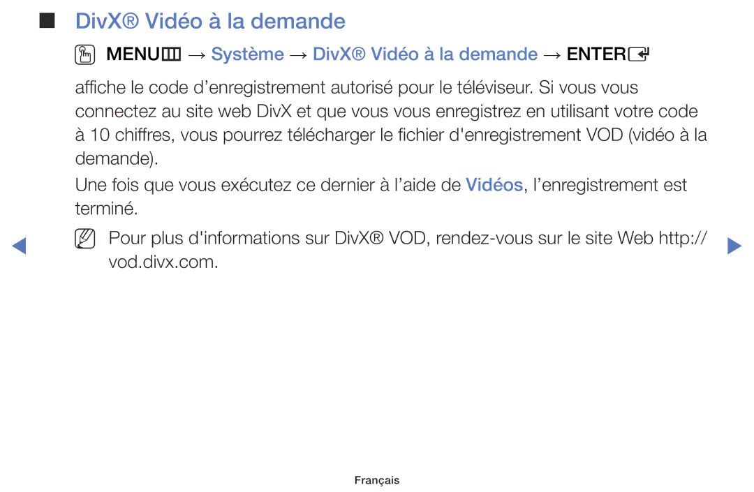 Samsung UE55J6100AWXZF, UE48J5100AWXZF, UE32J4100AWXZF manual OO MENUm → Système → DivX Vidéo à la demande → Entere 