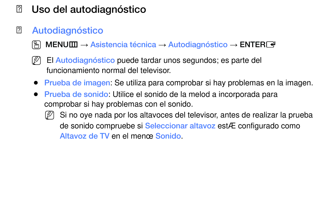 Samsung UA32J4170AUXKE manual Uso del autodiagnóstico, OO MENUm → Asistencia técnica → Autodiagnóstico → Entere 