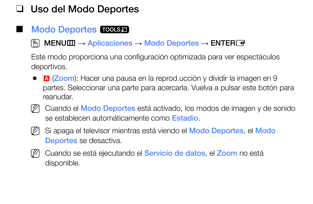 Samsung UE48J5170ASXZG manual Uso del Modo Deportes, Modo Deportes t, OO MENUm → Aplicaciones → Modo Deportes → Entere 