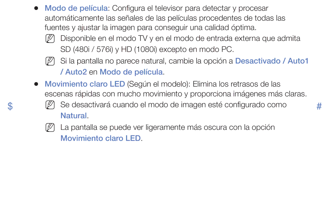 Samsung UE48J5170ASXZG, UA32K4070ASXMV, UA32J4170AUXKE manual Auto2 en Modo de película, Natural, Movimiento claro LED 