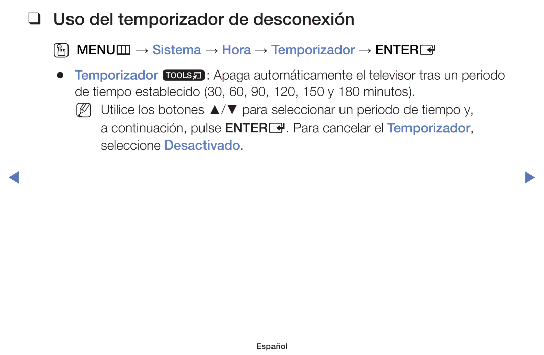 Samsung UE48J5170ASXZG manual Uso del temporizador de desconexión, OO MENUm → Sistema → Hora → Temporizador → Entere 