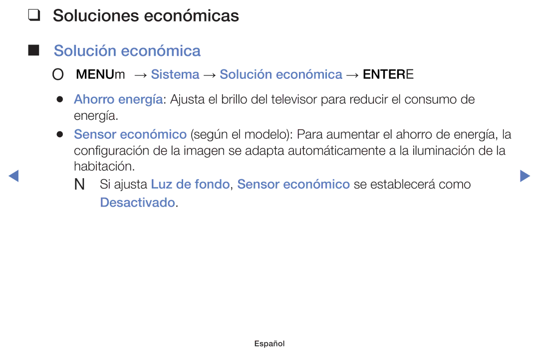 Samsung UE48J5170ASXZG manual Soluciones económicas, OO MENUm → Sistema → Solución económica → Entere, Desactivado 