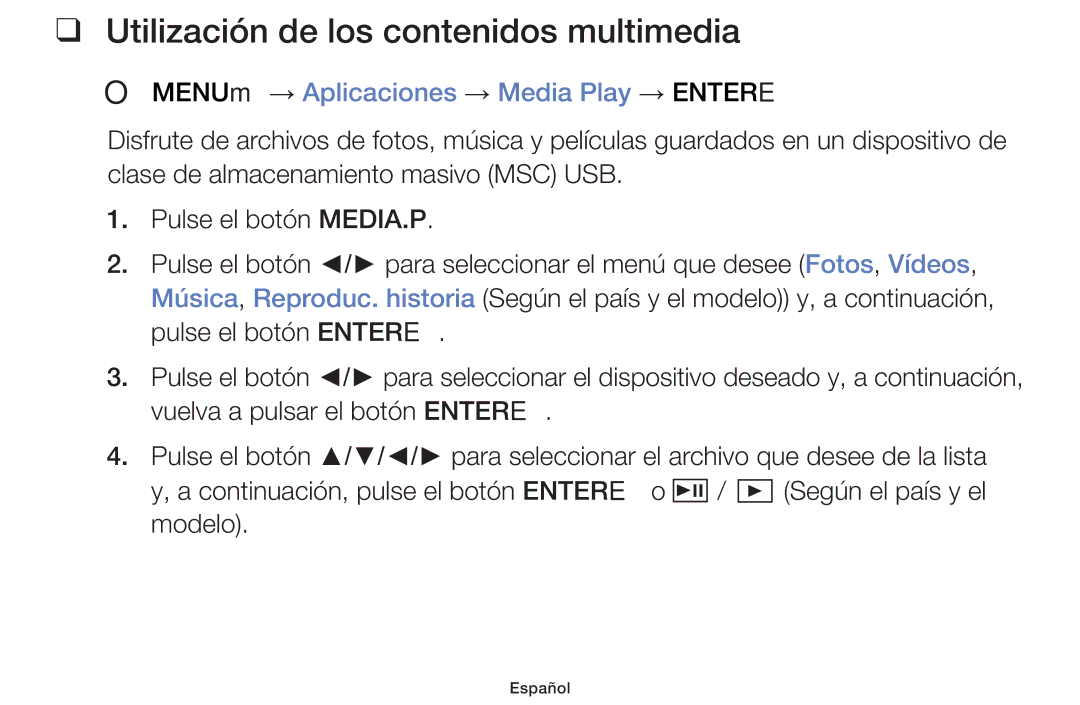 Samsung UE48J5170ASXZG manual Utilización de los contenidos multimedia, OO MENUm → Aplicaciones → Media Play → Entere 