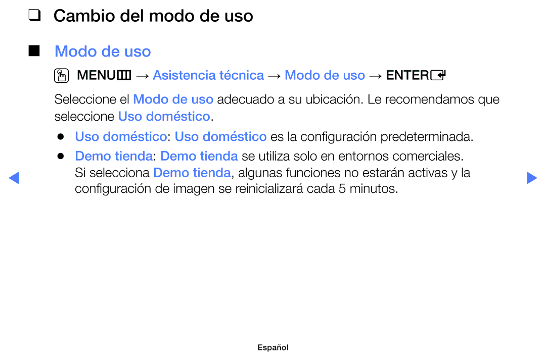 Samsung UE28J4100AWXXC, UE48J5170ASXZG Cambio del modo de uso, OO MENUm → Asistencia técnica → Modo de uso → Entere 