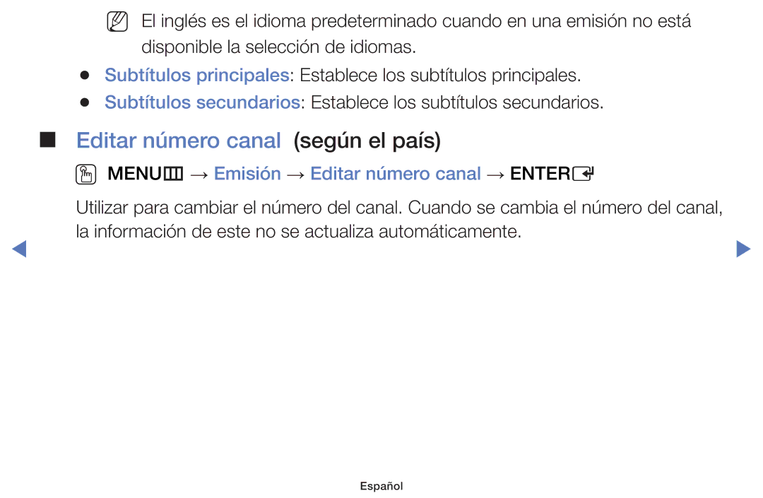 Samsung UE24H4003AWXXC manual Editar número canal según el país, OO MENUm → Emisión → Editar número canal → Entere 